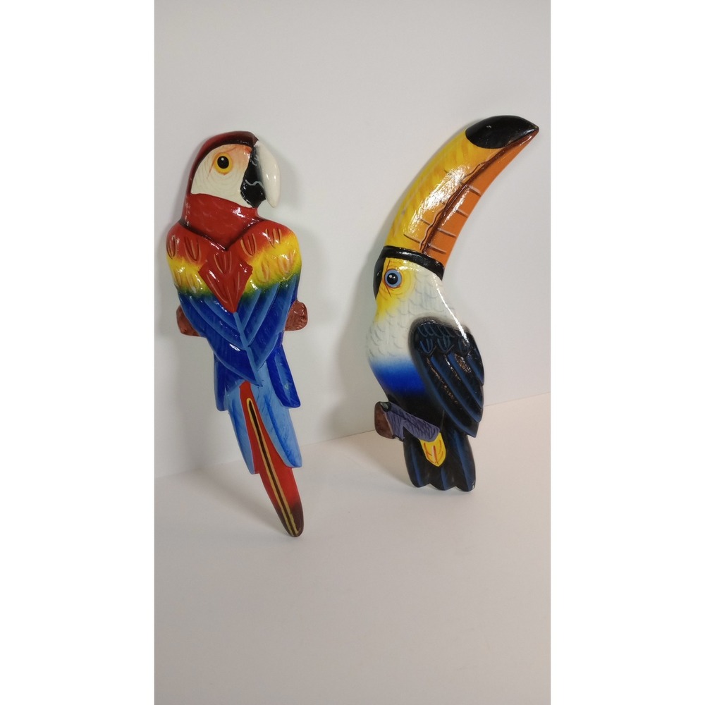 VTG Wooden Birds Wall Art Parrot and Toucan Vibrant Colors 12"X4" ea Tropical